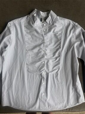 LUNN Reef 4 woman’s  White Shirt Fine Gray Pinstripes and Mandarin Collar 100% c